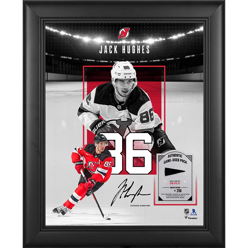 Jack Hughes New Jersey Devils Facsimile Signature Framed 11" x 14" Showcase Collage with a Piece of Game-Used Puck - Limited Edition of 250