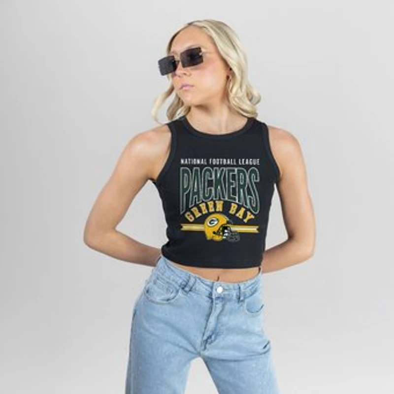 Women's Gameday Couture Black Green Bay Packers Mic Drop Essential Ribbed Crop Tank Top