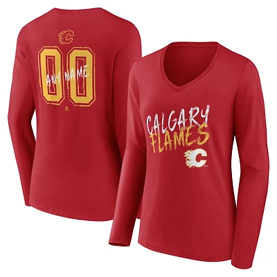Women's Red Calgary Flames Hustle Personalized Name & Number Long Sleeve V-Neck T-Shirt