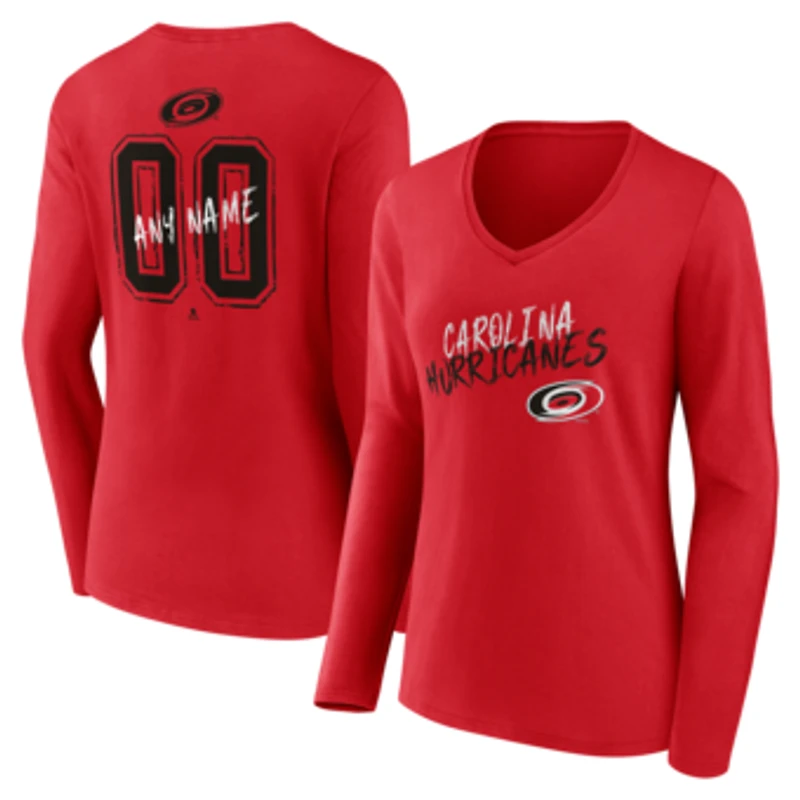 Women's Red Carolina Hurricanes Hustle Personalized Name & Number Long Sleeve V-Neck T-Shirt