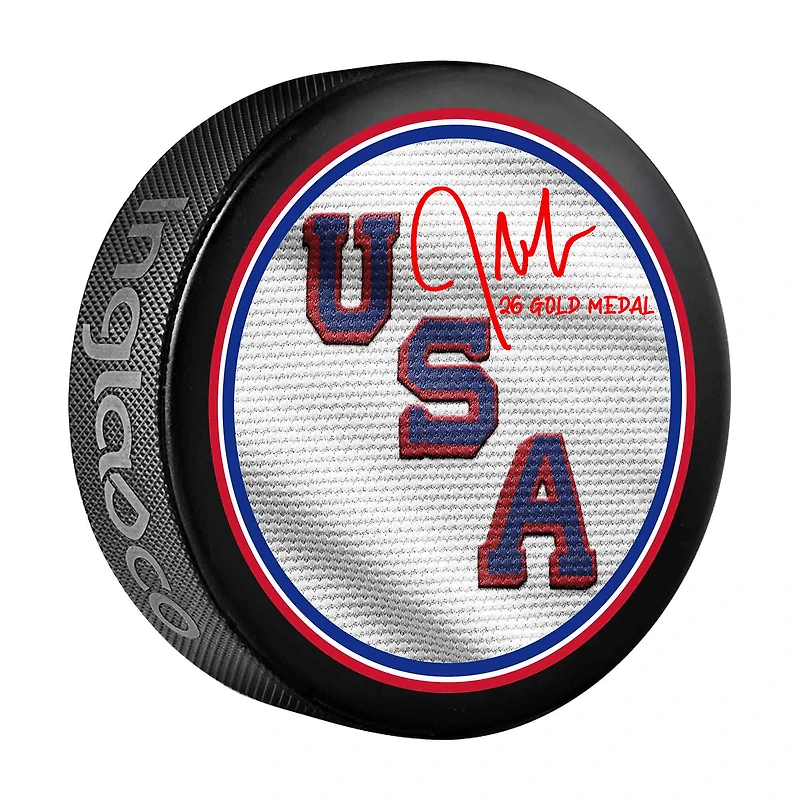 Jeremy Swayman Team USA Autographed 2026 Winter Olympics Hockey Puck with "26 Gold Medal" Inscription