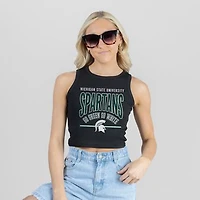 Women's Gameday Couture Black Michigan State Spartans Mic Drop Essential Ribbed Cropped Tank Top