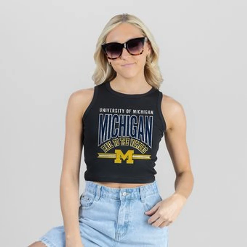 Women's Gameday Couture Black Michigan Wolverines Mic Drop Essential Ribbed Cropped Tank Top