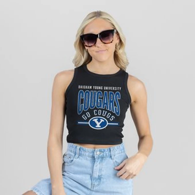 Women's Gameday Couture Black BYU Cougars Mic Drop Essential Ribbed Cropped Tank Top