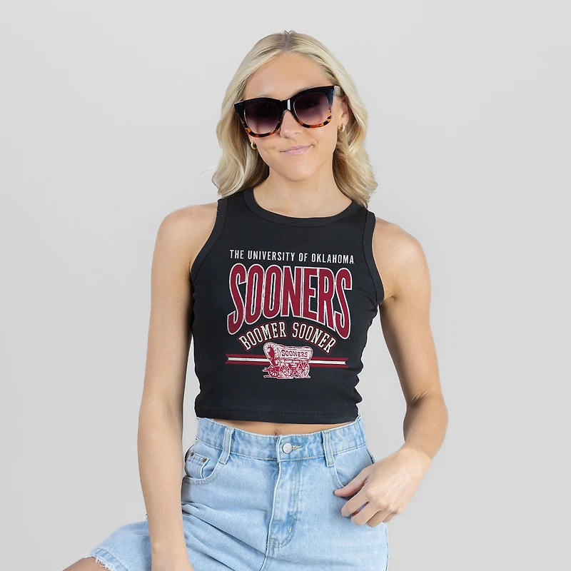 Women's Gameday Couture Black Oklahoma Sooners Mic Drop Essential Ribbed Cropped Tank Top