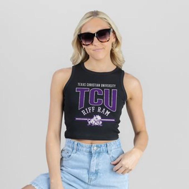 Women's Gameday Couture Black TCU Horned Frogs Mic Drop Essential Ribbed Cropped Tank Top