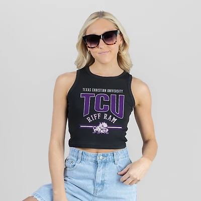Women's Gameday Couture Black TCU Horned Frogs Mic Drop Essential Ribbed Cropped Tank Top