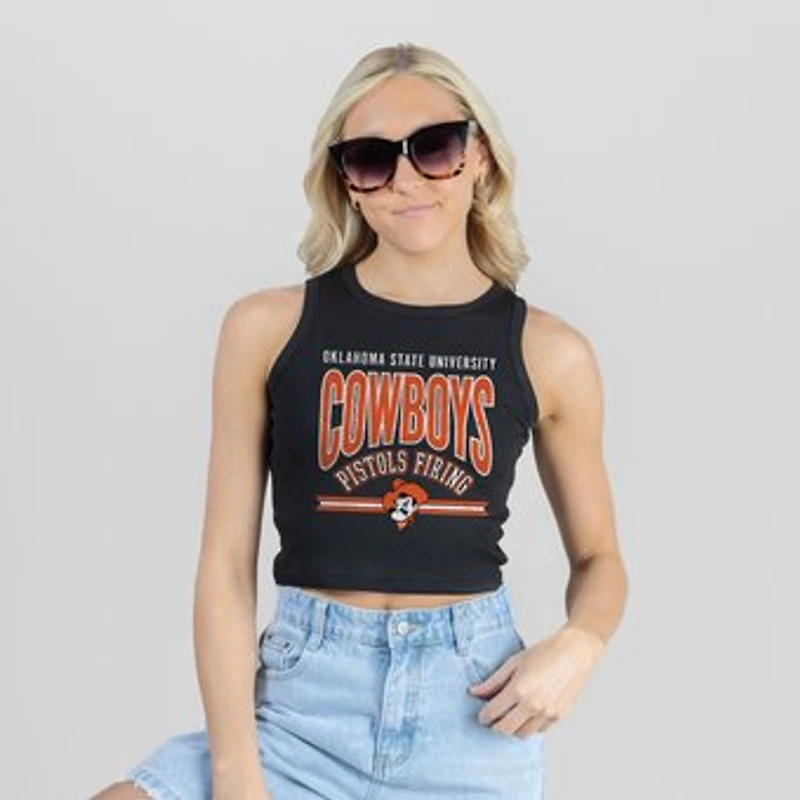 Women's Gameday Couture Black Oklahoma State Cowboys Mic Drop Essential Ribbed Cropped Tank Top