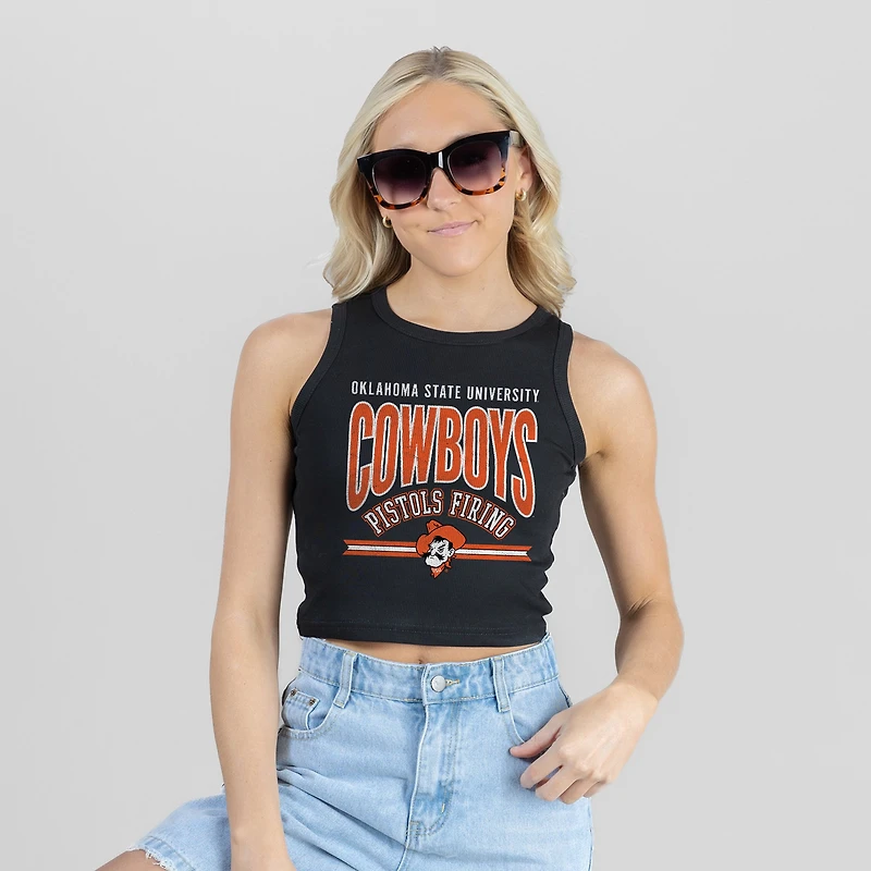 Women's Gameday Couture Black Oklahoma State Cowboys Mic Drop Essential Ribbed Cropped Tank Top