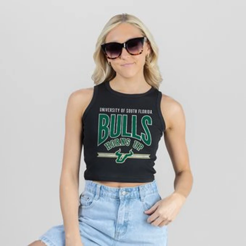 Women's Gameday Couture Black South Florida Bulls Mic Drop Essential Ribbed Cropped Tank Top