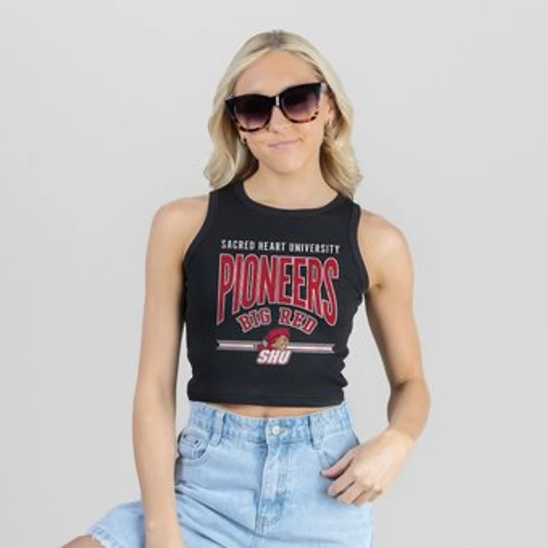 Women's Gameday Couture Black Sacred Heart Pioneers Mic Drop Essential Ribbed Cropped Tank Top
