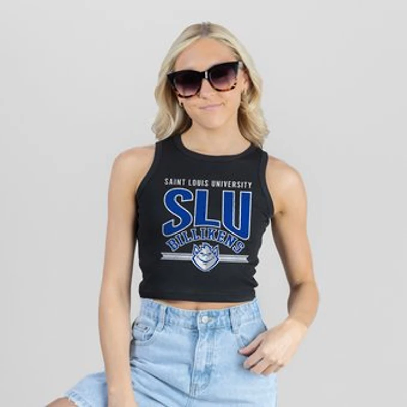 Women's Gameday Couture Black Saint Louis Billikens Mic Drop Essential Ribbed Cropped Tank Top