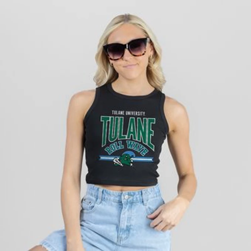Women's Gameday Couture Black Tulane Green Wave Mic Drop Essential Ribbed Cropped Tank Top
