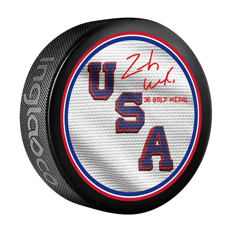 Zach Werenski Team USA Autographed 2026 Winter Olympics Hockey Puck with "26 Gold Medal" Inscription