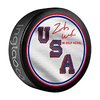 Zach Werenski Team USA Autographed 2026 Winter Olympics Hockey Puck with "26 Gold Medal" Inscription