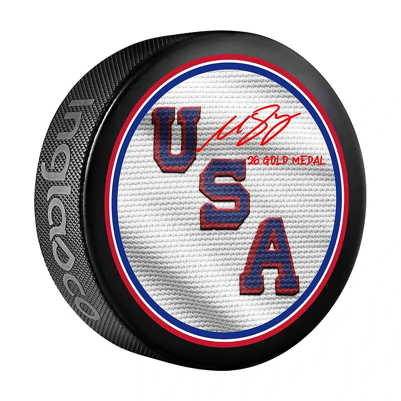 Matthew Boldy Team USA Autographed 2026 Winter Olympics Hockey Puck with "26 Gold Medal" Inscription