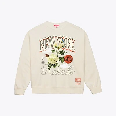Women's Mitchell & Ness Cream New York Knicks Floral Crewneck Sweatshirt