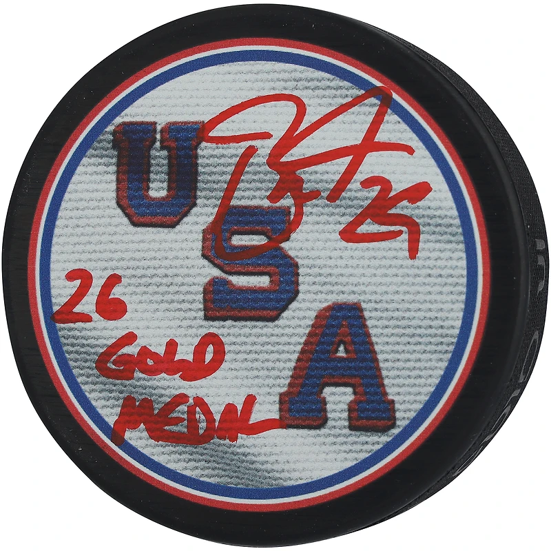Brock Nelson Team USA Autographed 2026 Winter Olympics Hockey Puck with "26 Gold Medal" Inscription