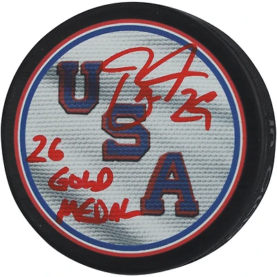 Brock Nelson Team USA Autographed 2026 Winter Olympics Hockey Puck with "26 Gold Medal" Inscription