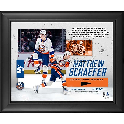 Matthew Schaefer New York Islanders Framed 13" x 16" NHL Record Most Goals By An 18-Year-Old Defenseman Collage with a Piece of Game-Used Puck - Limited Edition of 250