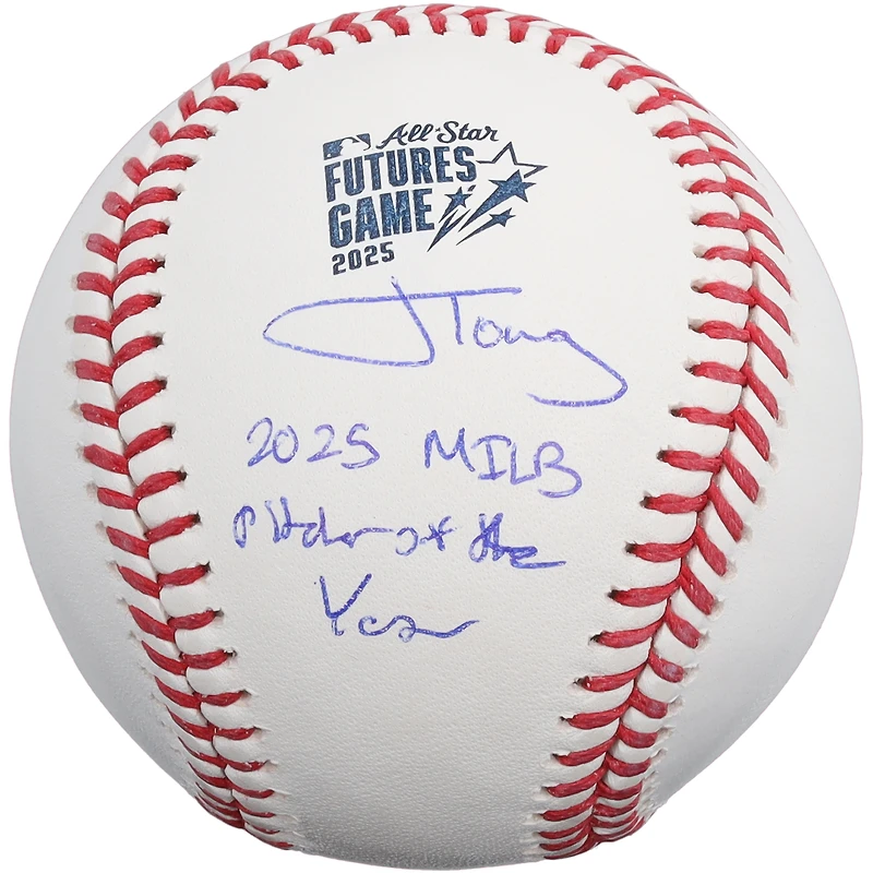 Jonah Tong New York Mets Autographed 2025 MLB Futures Game Logo Baseball with "2025 MiLB Pitcher of the Year" Inscription
