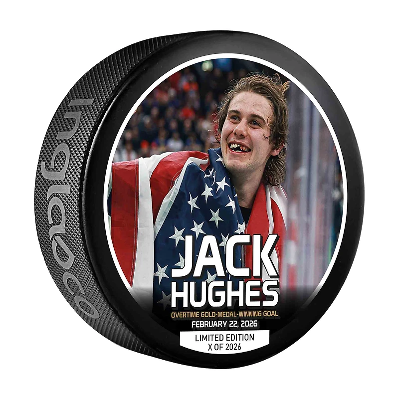Jack Hughes Team USA Inglasco 2026 Winter Olympics Gold Medal Winning Celebration Hockey Puck - Limited Edition of 2026