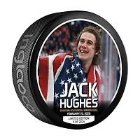 Jack Hughes Team USA Inglasco 2026 Winter Olympics Gold Medal Winning Celebration Hockey Puck - Limited Edition of 2026