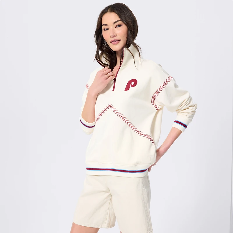 Women's Terez White Philadelphia Phillies Baseball Stitch Quarter-Zip Pullover