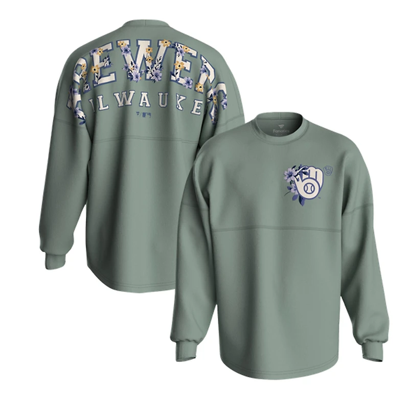 Women's Fanatics  Sage Green Milwaukee Brewers Floral Spirit Jersey Long Sleeve T-Shirt