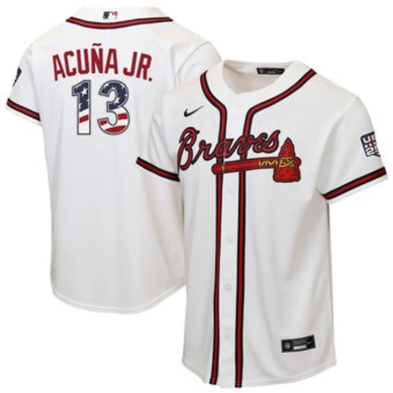Youth Nike Ronald Acuña Jr. White Atlanta Braves USA 250 Fourth of July Home Replica Jersey
