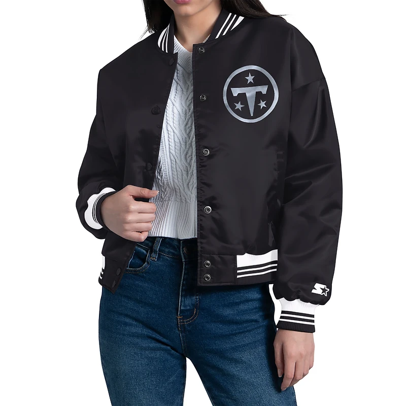 Women's Starter Black Tennessee Titans Metallic Full-Button Varsity Jacket