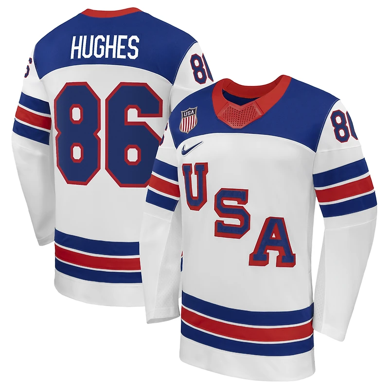 Men's Nike Jack Hughes White US Hockey 2026 Away Replica Jersey