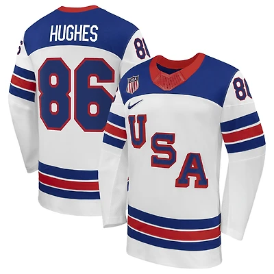 Men's Nike Jack Hughes White US Hockey 2026 Away Replica Jersey