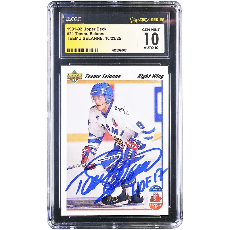 Teemu Selanne Finland Hockey Autographed 1991-92 Upper Deck #21 CGC Fanatics Witnessed Authenticated 10/10 Rookie Card with "HOF 17" Inscription