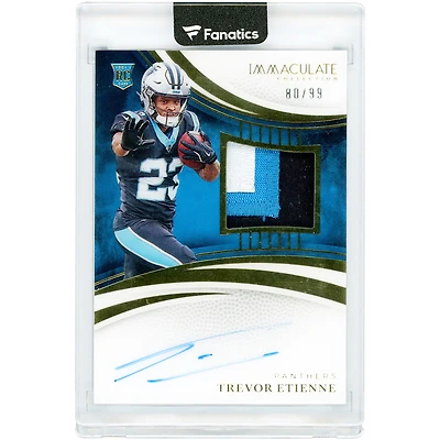 Trevor Etienne Carolina Panthers Autographed 2025 Panini Immaculate Collection Tri-Color Jersey Relic #140 #80/99 Rookie Card