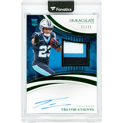 Trevor Etienne Carolina Panthers Autographed 2025 Panini Immaculate Collection Emerald Tri-Color Jersey Relic #140 #21/25 Rookie Card