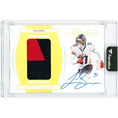 Justin Simmons Atlanta Falcons Autographed 2024 Panini Flawless Holo Gold Patch Dual-Color Relic #PA-JSS #2/25 Card