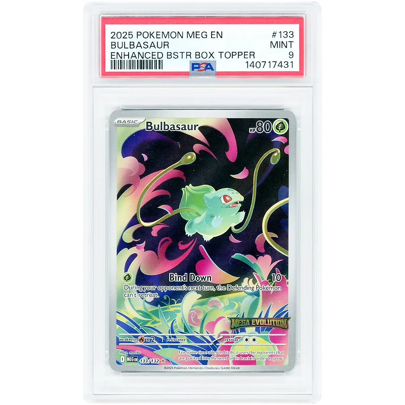 Bulbasaur 2025 Pokemon Mega Evolution Series Mega Evolution Illustration Rare Enhanced Booster Box Topper #133 PSA Authenticated 9 Card