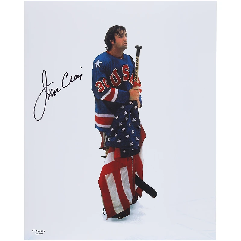 Jim Craig Team USA Autographed 16" x 20" 1980 Olympics Holding Stick & Flag Photograph