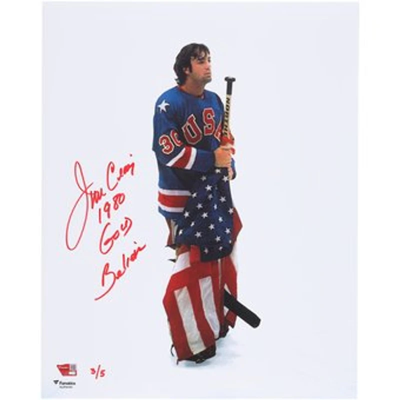 Jim Craig Team USA Autographed 16" x 20" 1980 Olympics Holding Stick & Flag Photograph with Multiple Inscriptions - Limited Edition of 5 - Signed in Red Ink