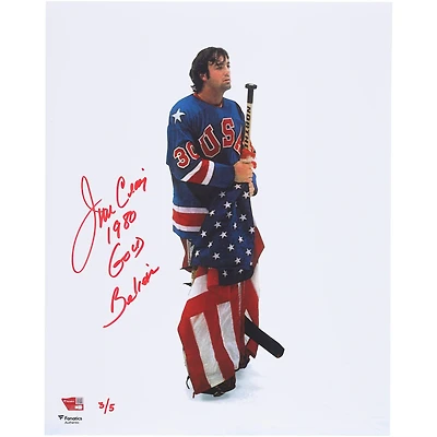 Jim Craig Team USA Autographed 16" x 20" 1980 Olympics Holding Stick & Flag Photograph with Multiple Inscriptions - Limited Edition of 5 - Signed in Red Ink