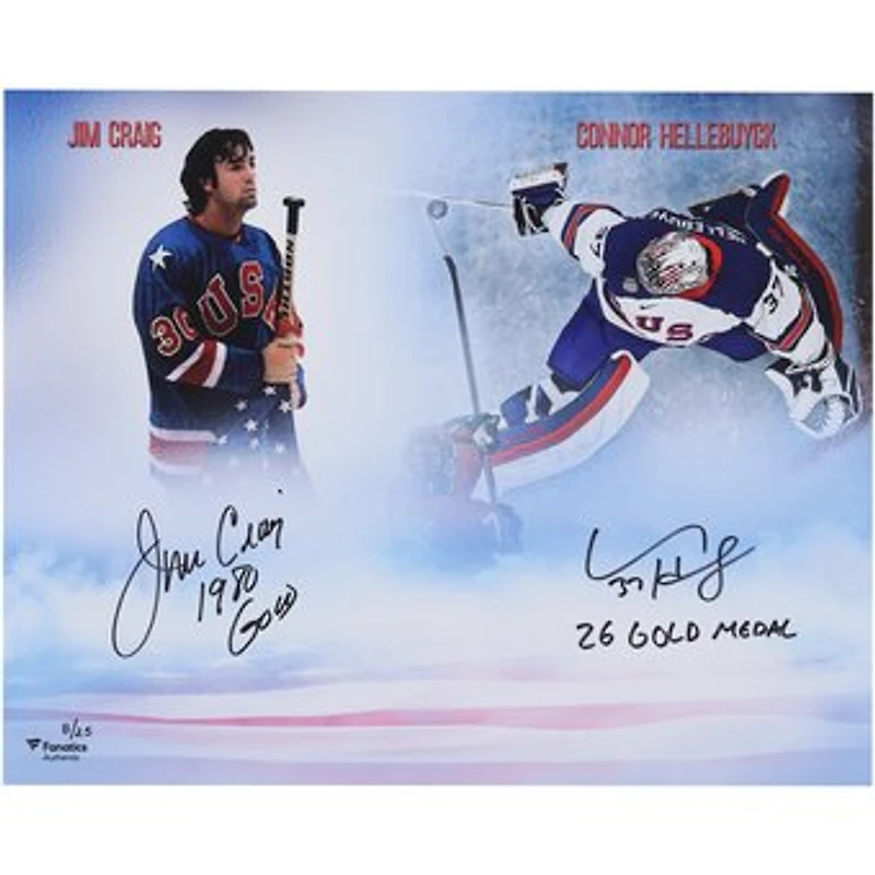 Connor Hellebuyck & Jim Craig Team USA Autographed 16" x 20" USA Stylized Photograph with Multiple Inscriptions - Limited Edition of 25