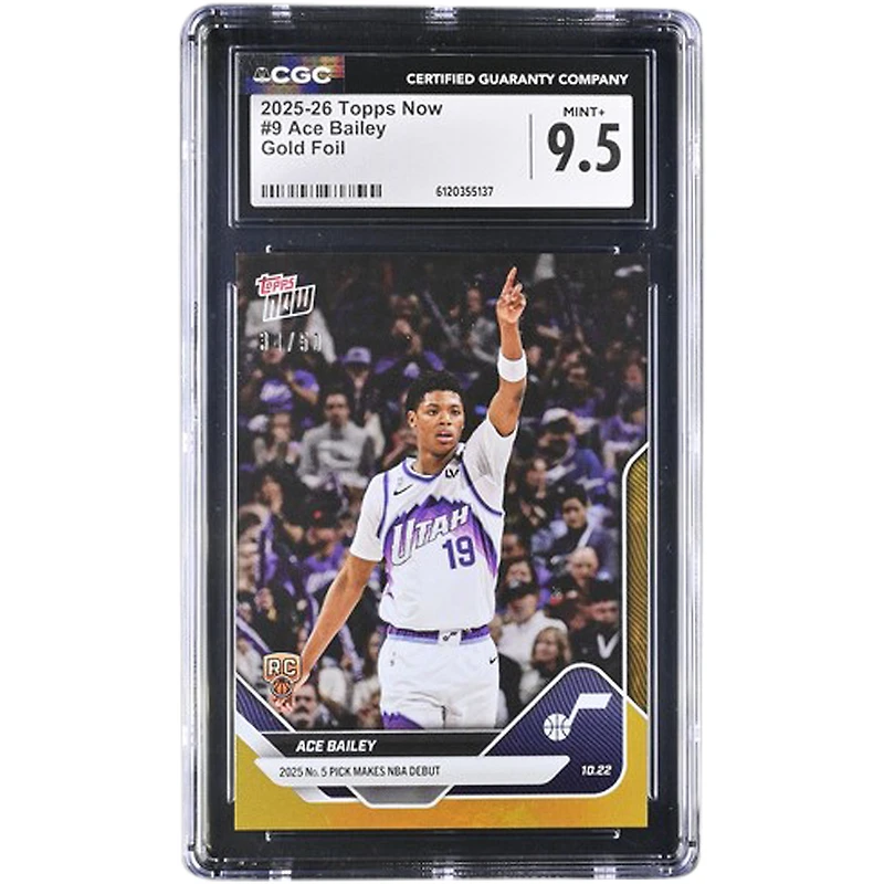 Ace Bailey Utah Jazz 2025-26 Topps Now '25 No. 5 Pick Makes NBA Debut Gold Foil #9 #/50 CGC Authenticated 9.5 Rookie Card
