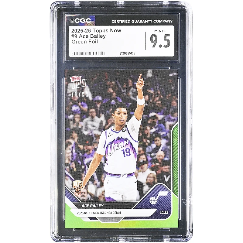 Ace Bailey Utah Jazz 2025-26 Topps Now '25 No. 5 Pick Makes NBA Debut Green Foil #9 #/99 CGC Authenticated 9.5 Rookie Card