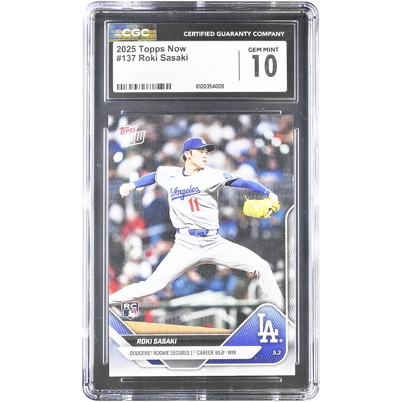 Roki Sasaki Los Angeles Dodgers 2025 Topps Now Dodgers Rookie Secures 1st Career MLB Win #137 CGC Authenticated 10 Rookie Card