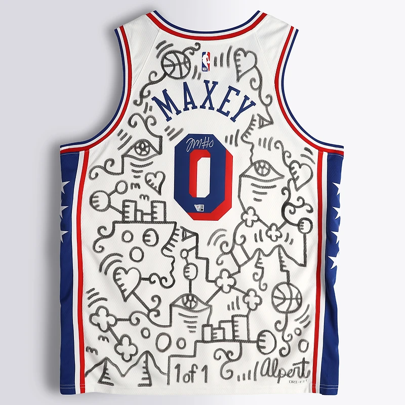 Tyrese Maxey Philadelphia 76ers Autographed White Nike 2020-21 Association Edition Swingman Jersey - Art by Alex Alpert - Limited Edition of #1/1 - NF70444533