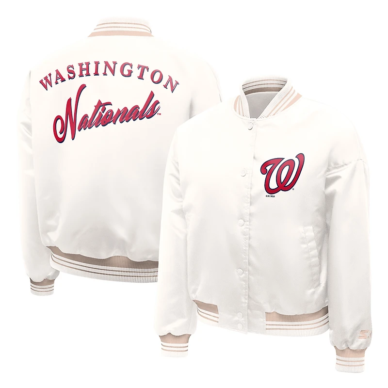 Women's Starter Cream Washington Nationals Fashion Script Satin Full-Snap Varsity Jacket