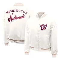 Women's Starter Cream Washington Nationals Fashion Script Satin Full-Snap Varsity Jacket