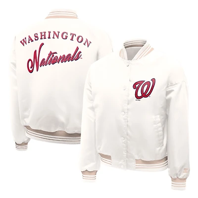 Women's Starter Cream Washington Nationals Fashion Script Satin Full-Snap Varsity Jacket