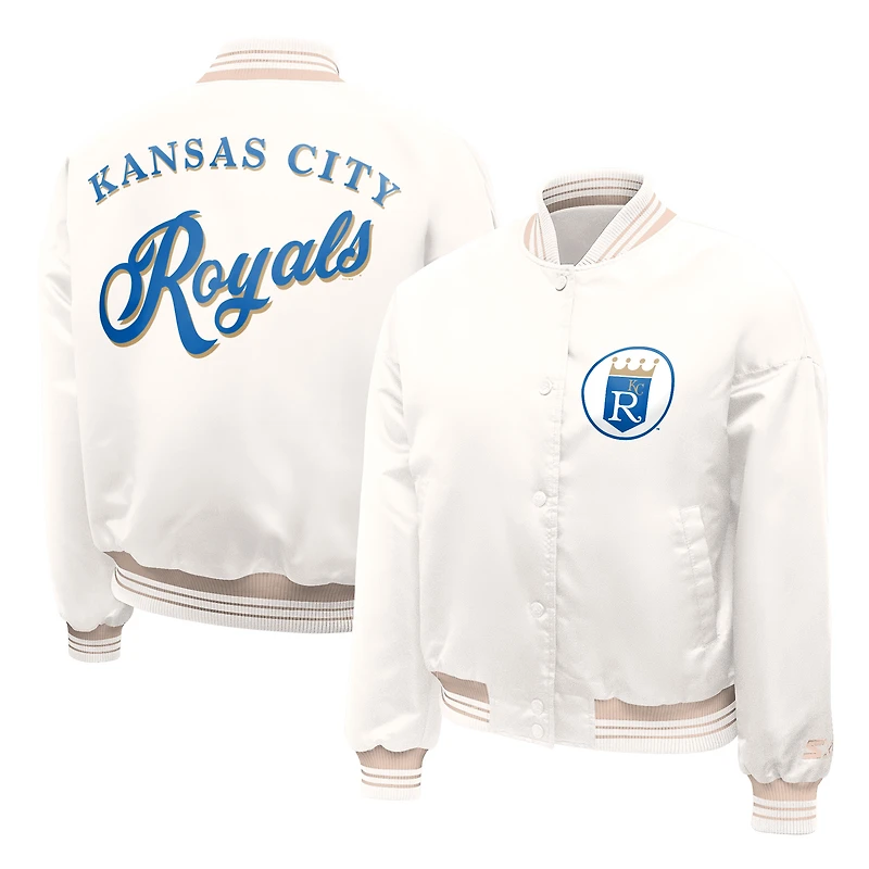 Women's Starter Cream Kansas City Royals Fashion Script Satin Full-Snap Varsity Jacket